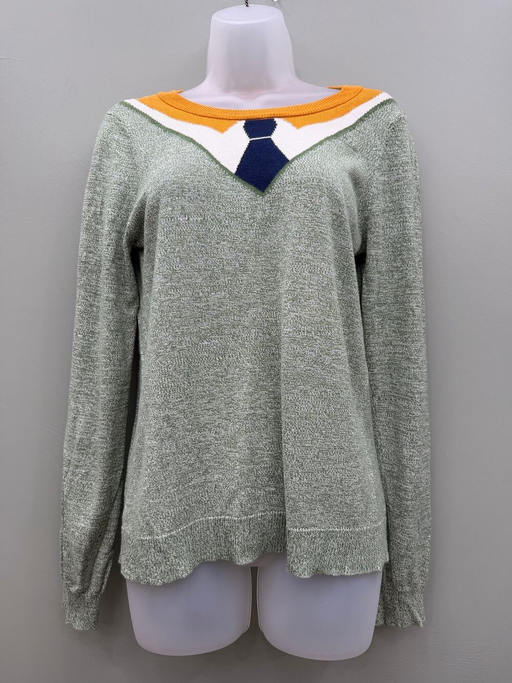 ModCloth Sweater M Green Faux Collar Tie Trompe L'Oeil Preppy Twee Cotton Modal